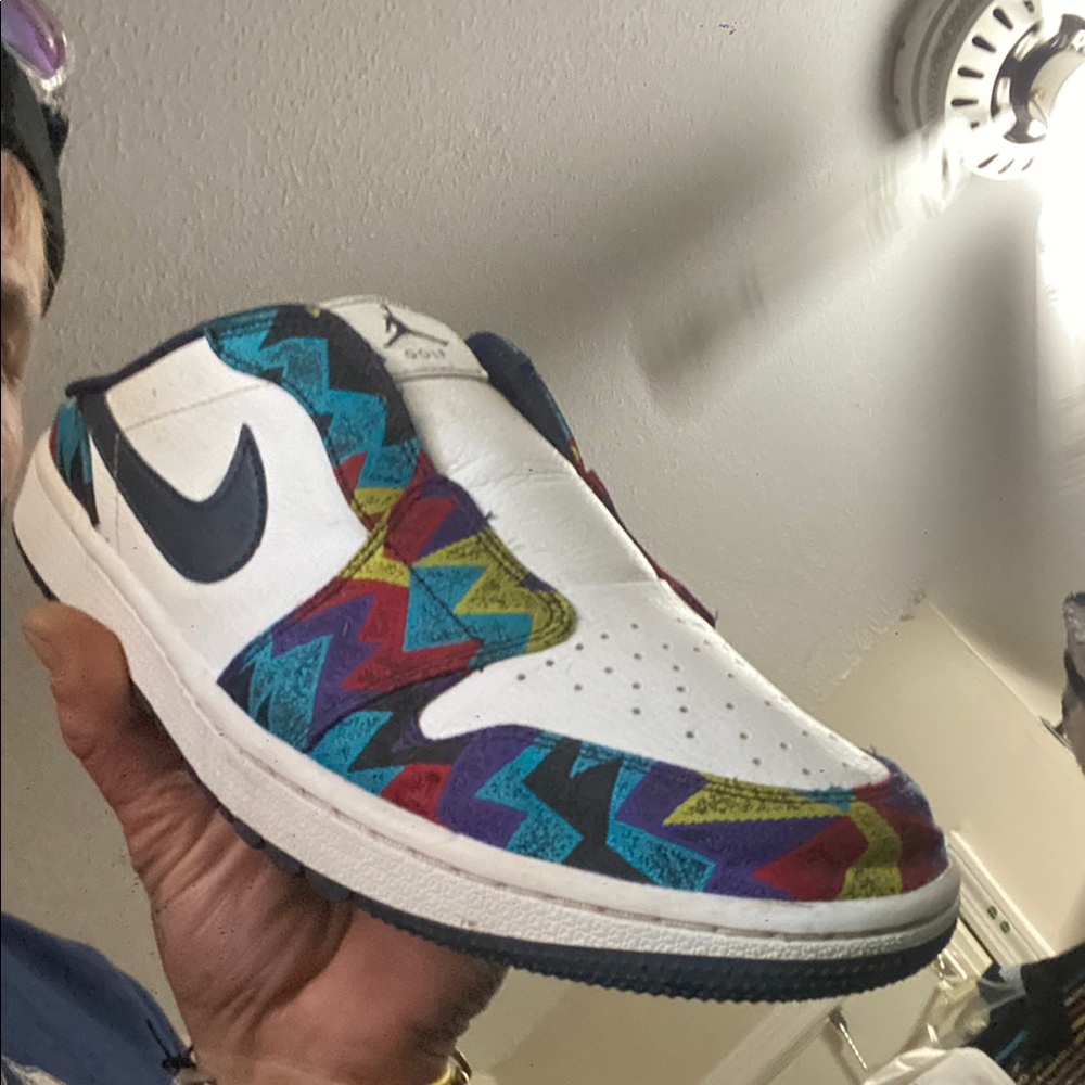 Jordan White and Blue Slip-On Loafers with Multicolor Design